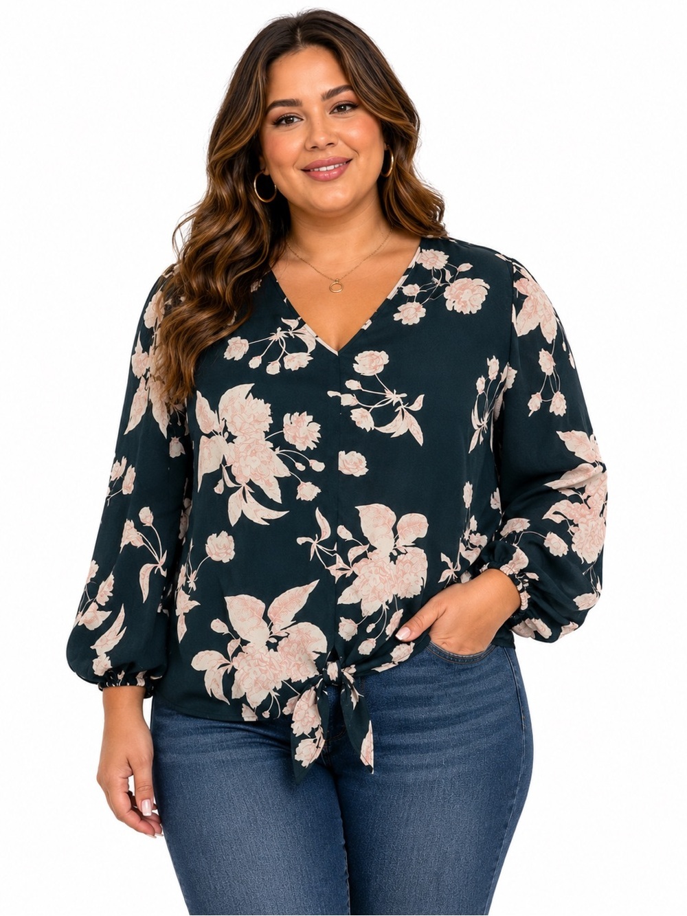 Mix Floral Tie-Hem V-Neck Blouse in Dark Teal with Blush Floral